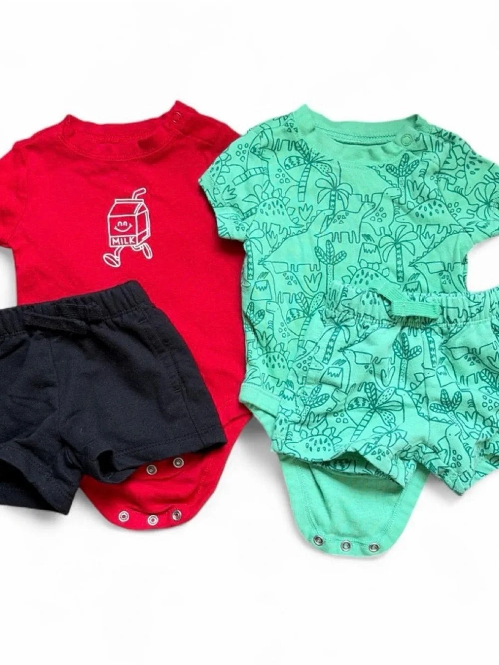 Kids Two-Pack Short Sleeve Bodysuits in Red and Green with Shorts